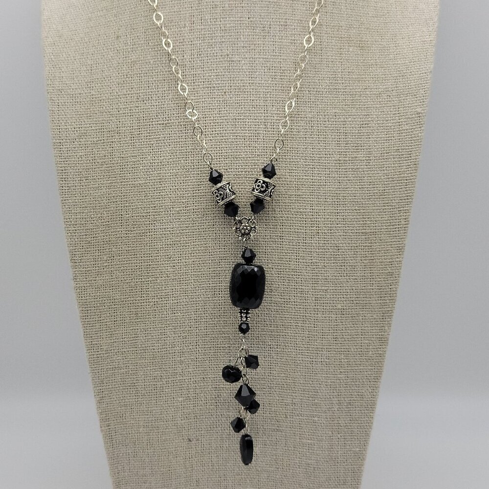 Black Faceted Onyx 925 Sterling Silver Y-Drop Necklace Rolo Chain 19 Inch